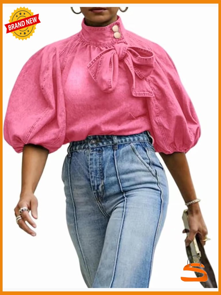 Denim Pullover Top With Puff Sleeves Mock Neck Button Down Jacket